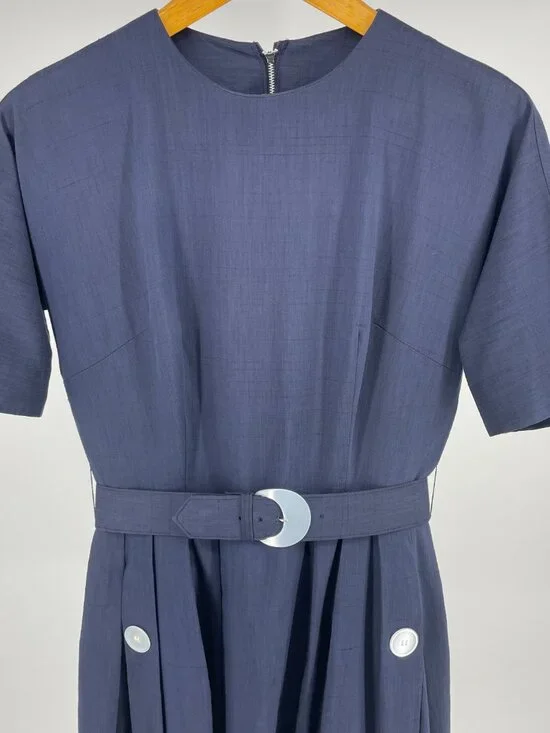 Vintage 60s Blue Fit & Flare Midi Dress Union Made Metal Zipper Retro S/M - Picture 5 of 10